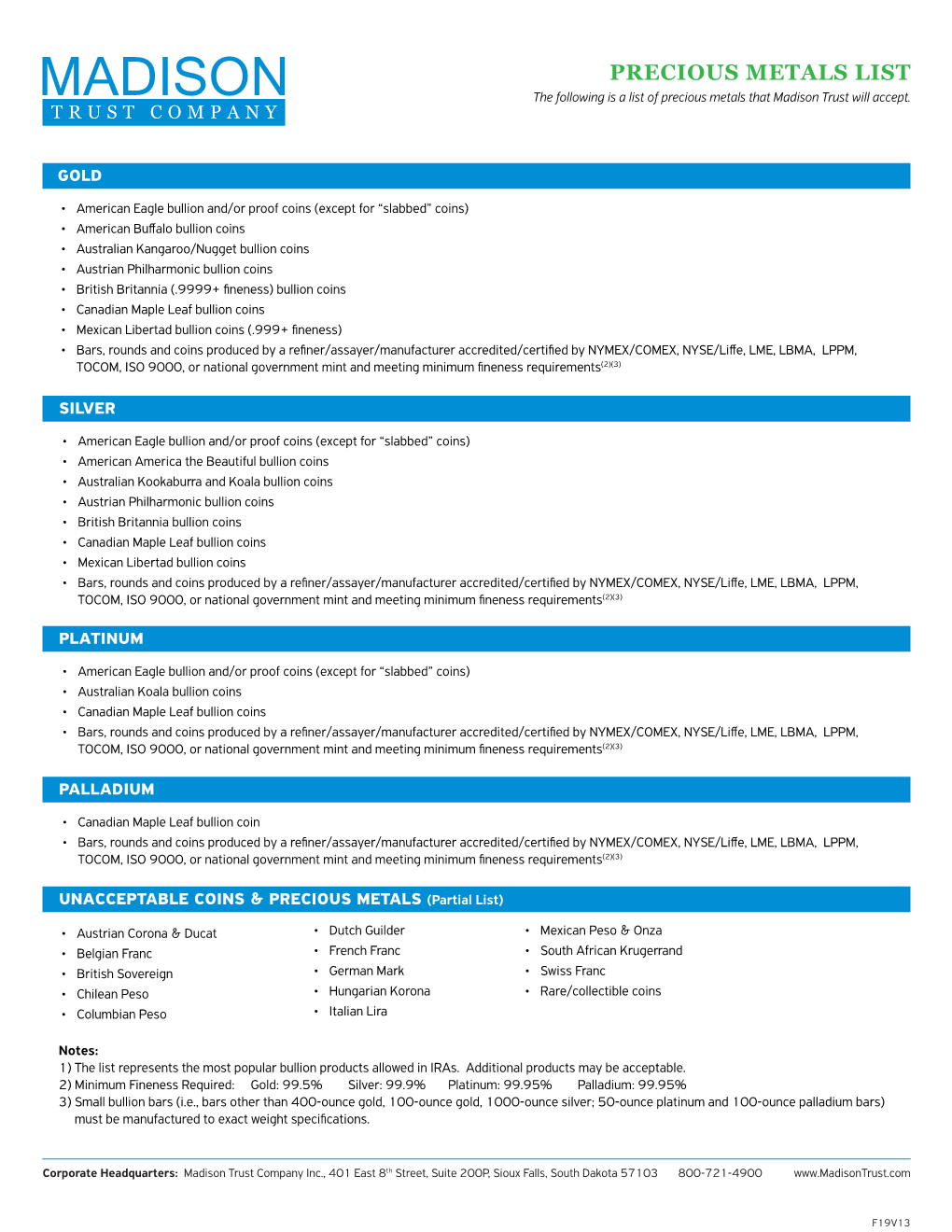 PRECIOUS METALS LIST the Following Is a List of Precious Metals That Madison Trust Will Accept