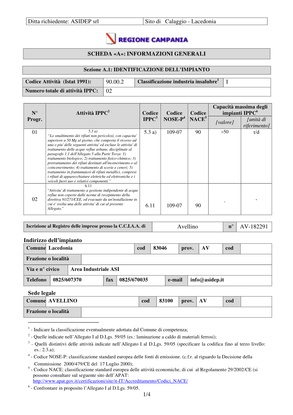 Ditta Richiedente: ASIDEP Srl Sito Di Calaggio - Lacedonia