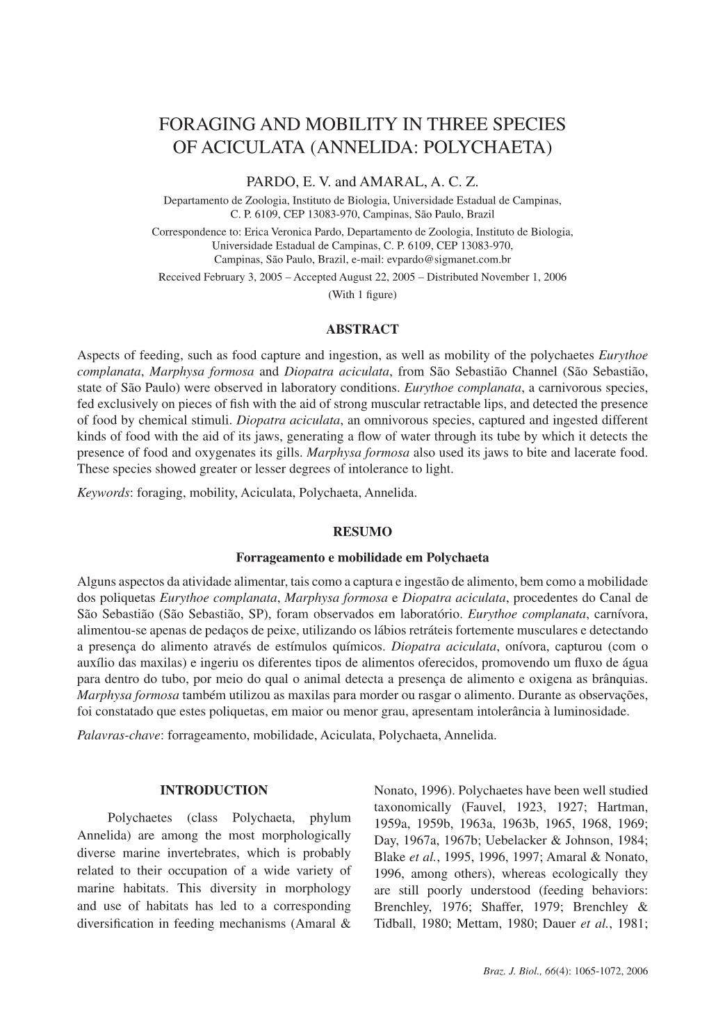 Foraging and Mobility in Three Species of Aciculata (Annelida: Polychaeta)