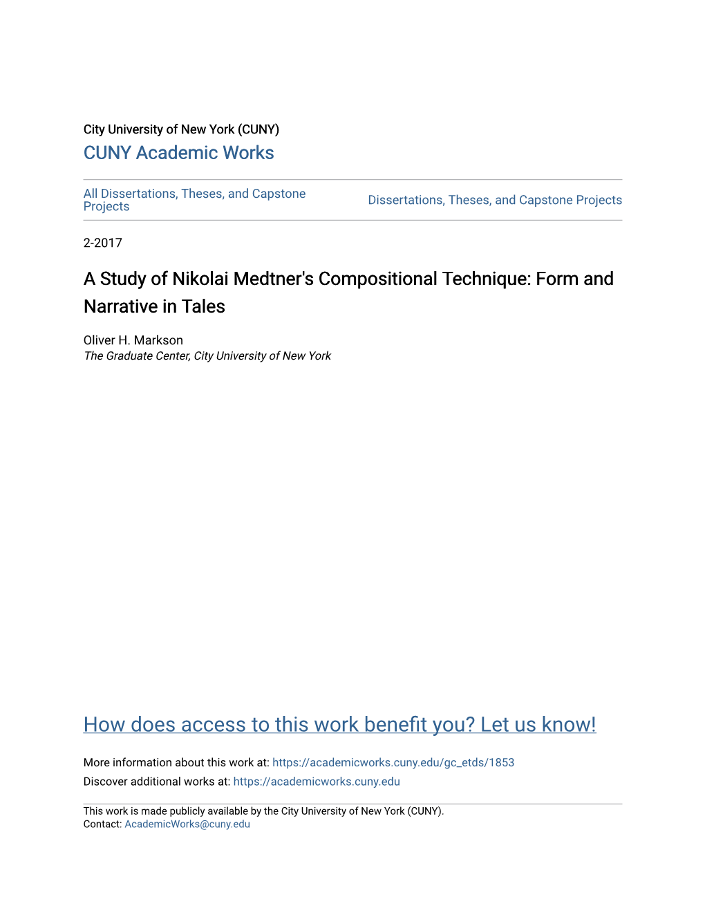 A Study of Nikolai Medtner's Compositional Technique: Form and Narrative in Tales