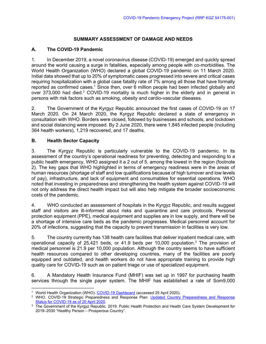 Summary Assessment of Damage and Needs