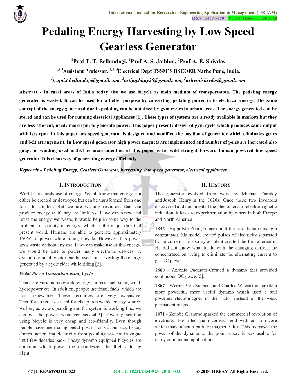 Pedaling Energy Harvesting by Low Speed Gearless Generator 1Prof T