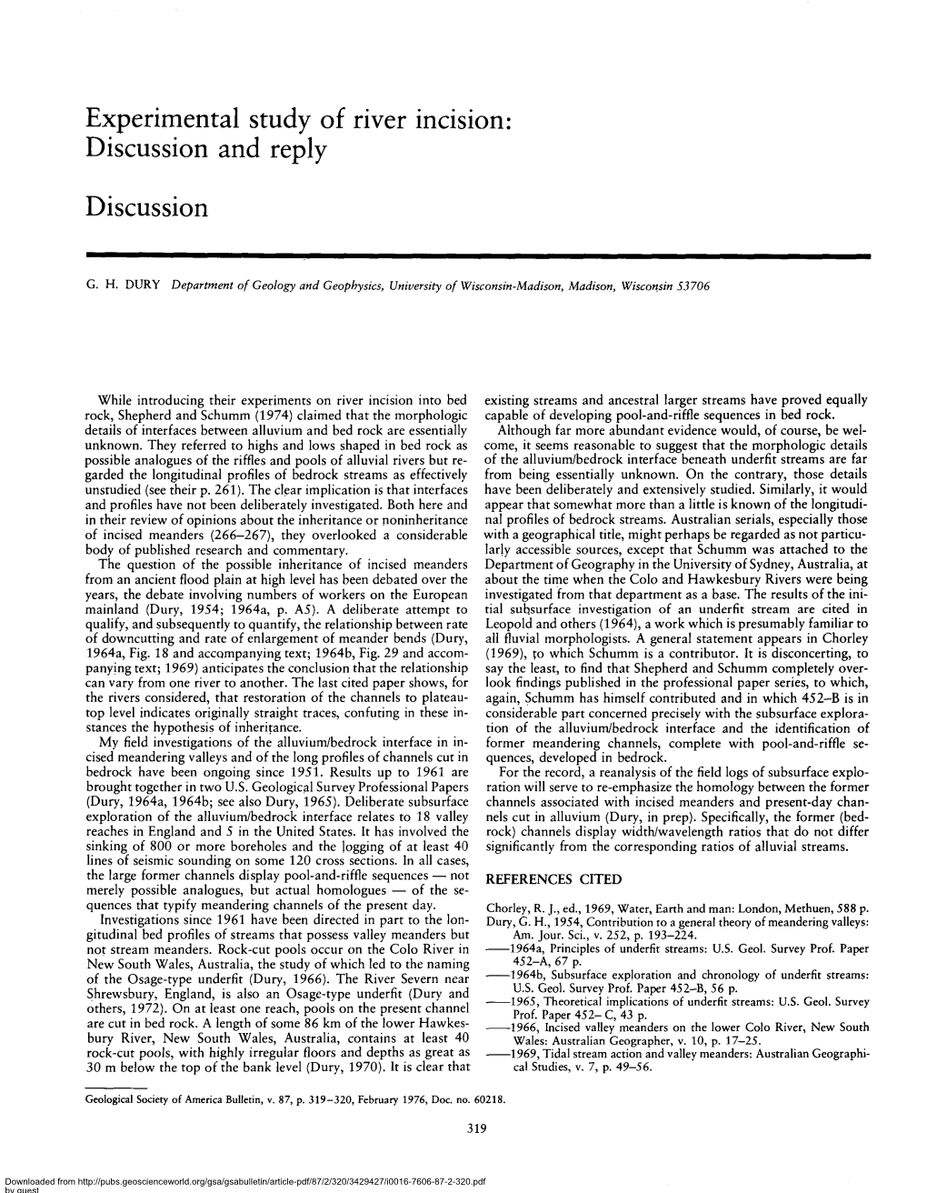 Experimental Study of River Incision: Discussion and Reply Discussion