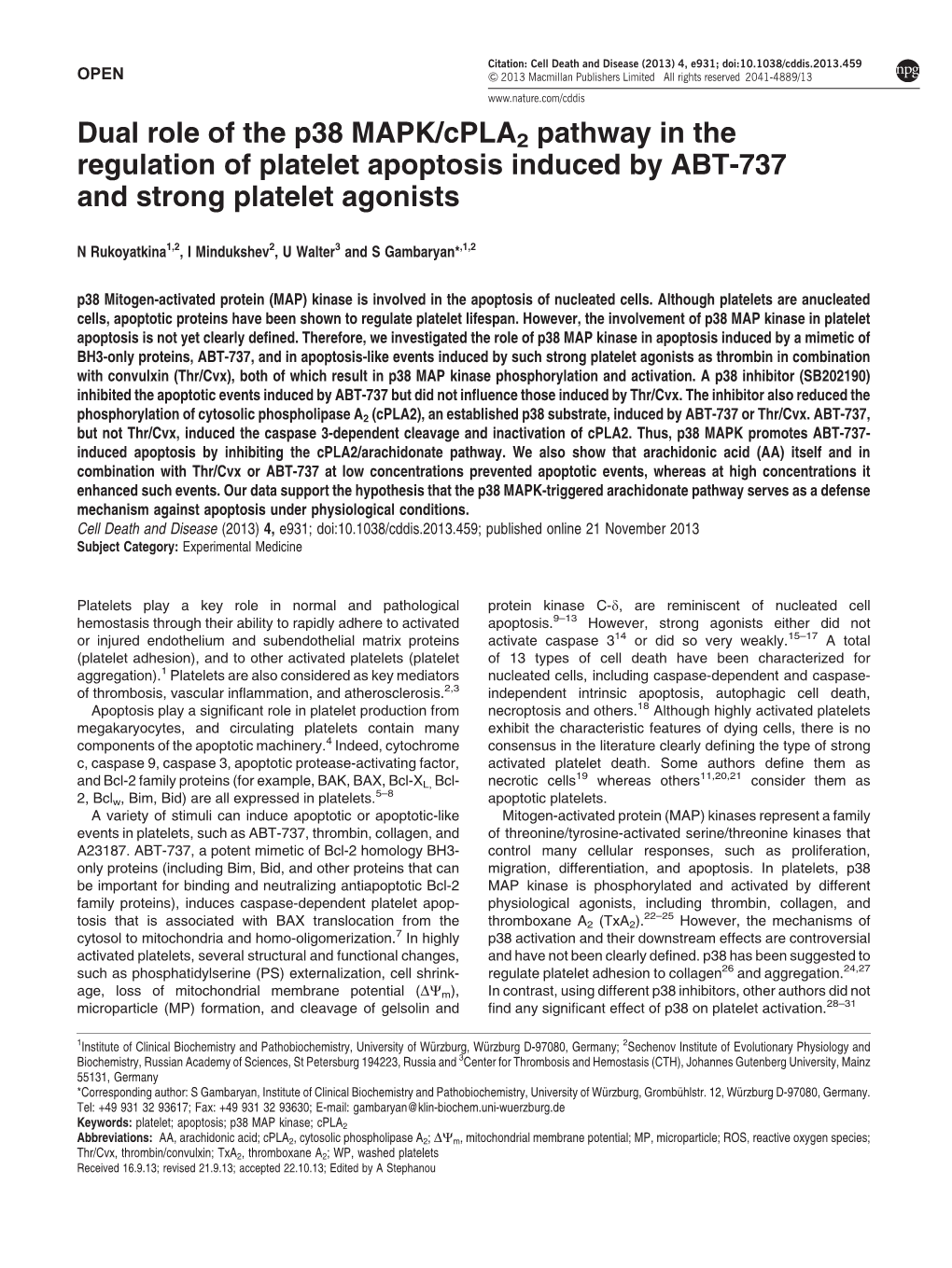 Cpla2pathway in the Regulation of Platelet Apoptosis Induced by ABT