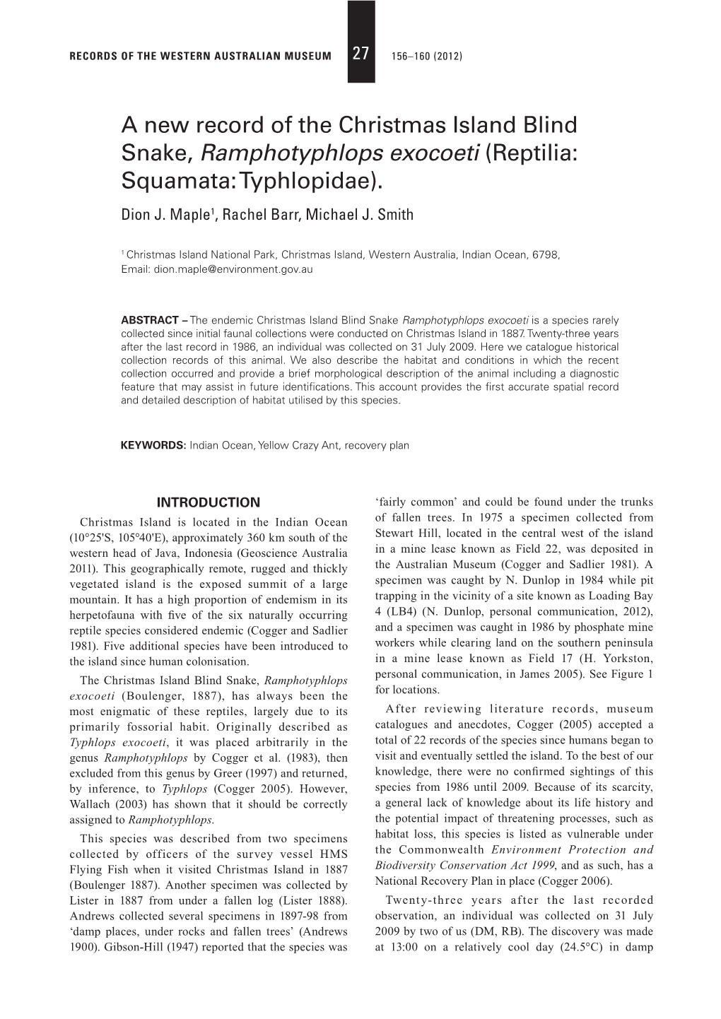 A New Record of the Christmas Island Blind Snake, Ramphotyphlops Exocoeti (Reptilia: Squamata: Typhlopidae)