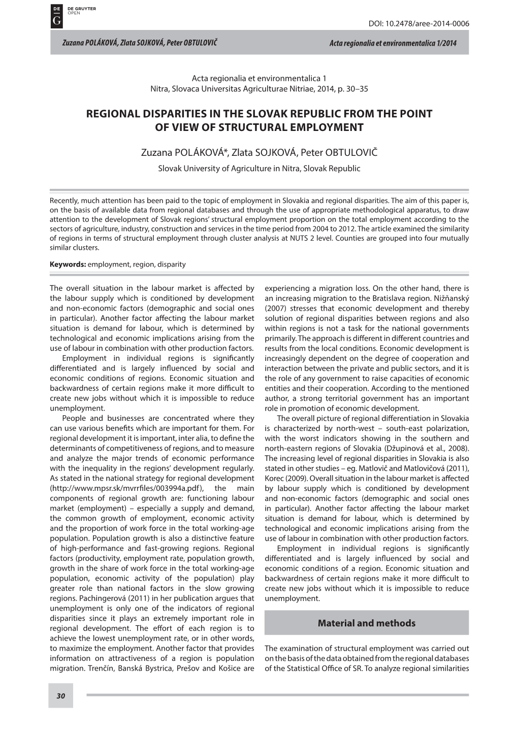 Regional DISPARITIES in the SLOVAK REPUBLIC from the POINT of VIEW of STRUCTURAL EMPLOYMENT