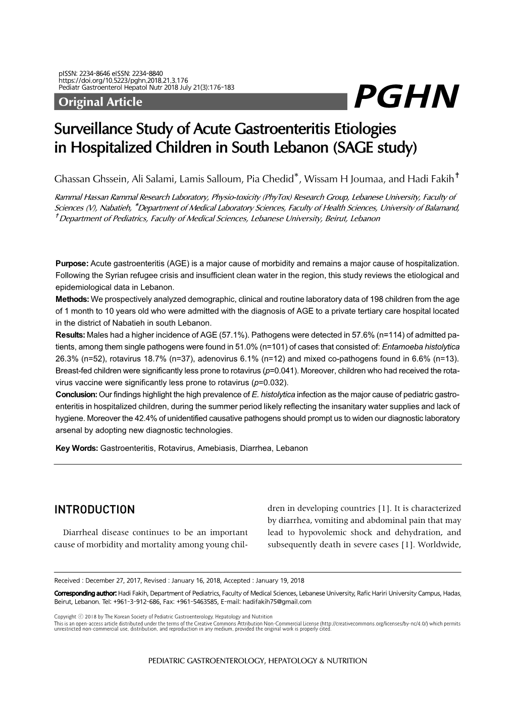 Surveillance Study of Acute Gastroenteritis Etiologies in Hospitalized Children in South Lebanon (SAGE Study)