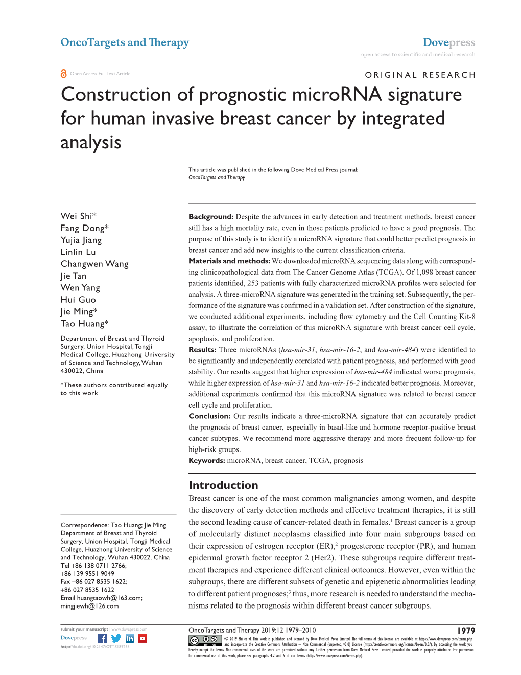 Construction of Prognostic Microrna Signature for Human Invasive Breast Cancer by Integrated Analysis