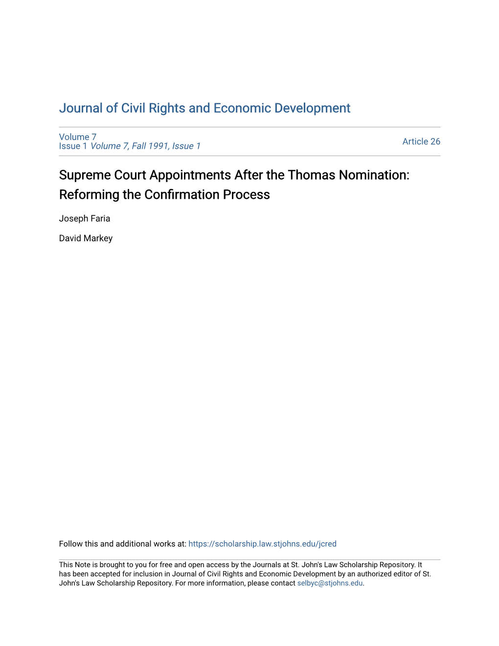 Supreme Court Appointments After the Thomas Nomination: Reforming the Confirmation Process