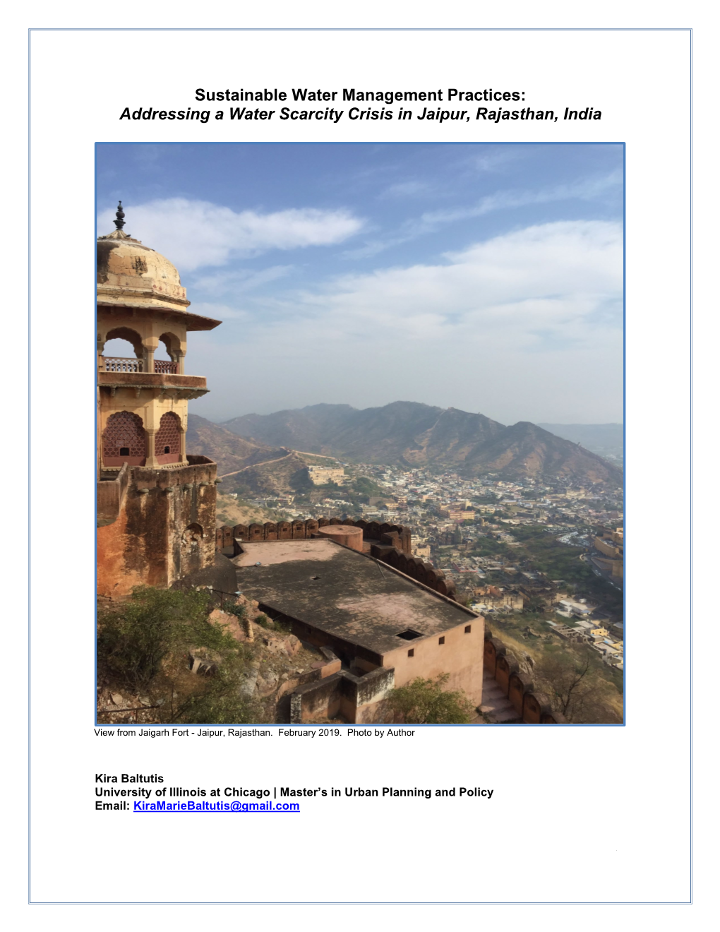 Sustainable Water Management Practices: Addressing a Water Scarcity Crisis in Jaipur, Rajasthan, India