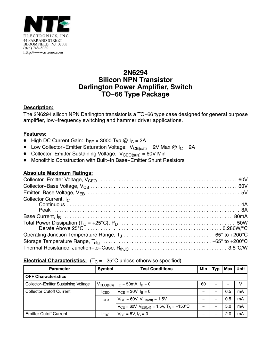 2N6294 Silicon NPN Transistor Darlington Power Amplifier, Switch TO−66 Type Package