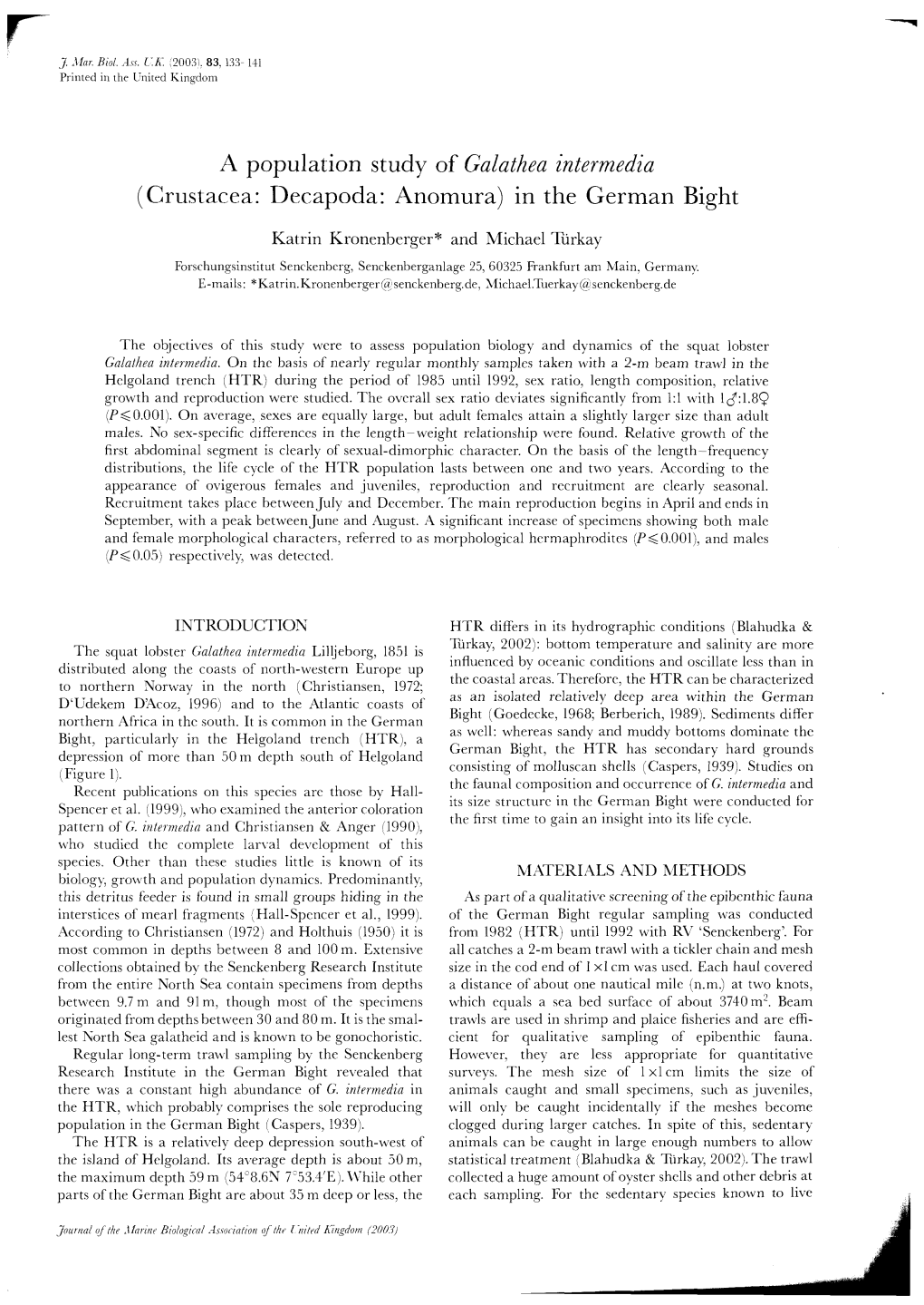 A Population Study of Galathea Intermedia (Crustacea: Decapoda: Anomura) in the German Bight