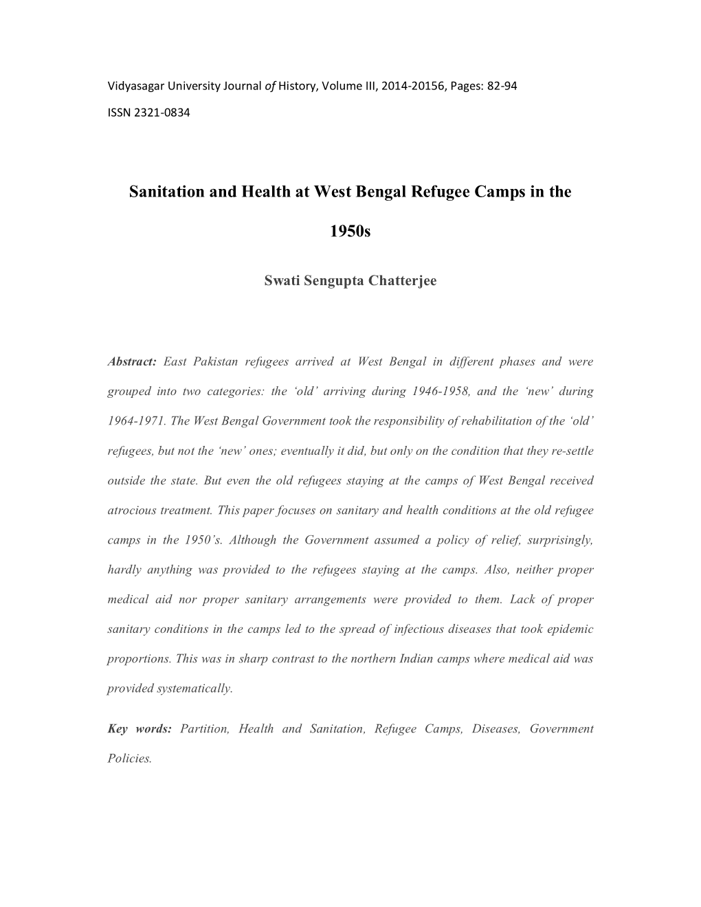 Sanitation and Health at West Bengal Refugee Camps in the 1950S
