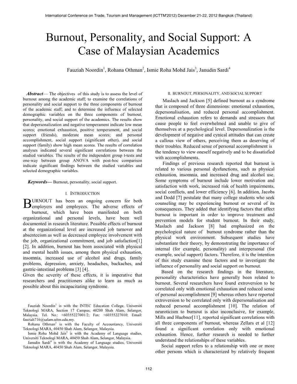 Burnout, Personality, and Social Support: a Case of Malaysian Academics