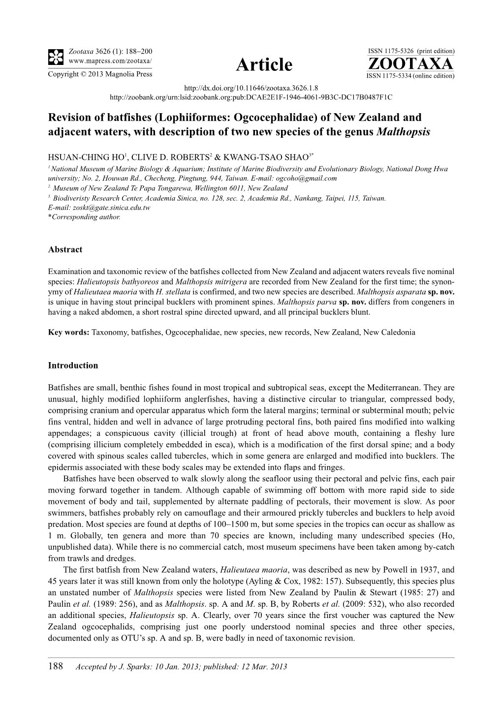 Revision of Batfishes (Lophiiformes: Ogcocephalidae) of New Zealand and Adjacent Waters, with Description of Two New Species of the Genus Malthopsis