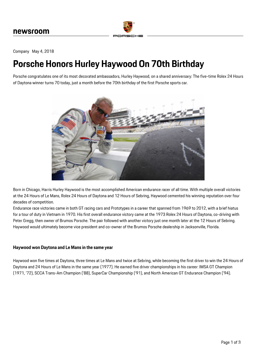 Porsche Honors Hurley Haywood on 70Th Birthday