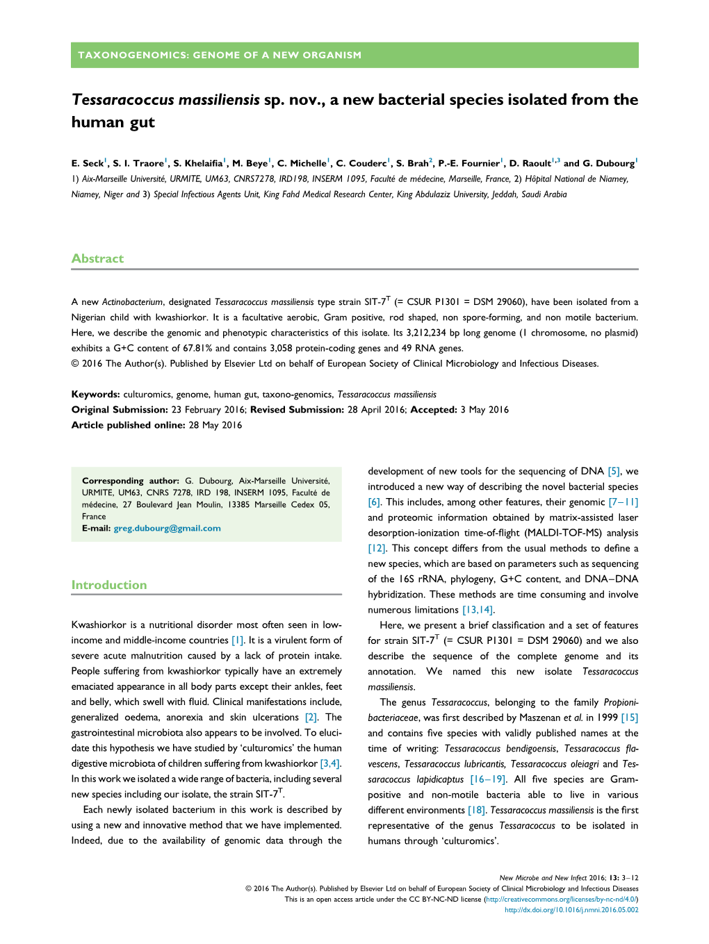 Tessaracoccus Massiliensis Sp. Nov., a New Bacterial Species Isolated from the Human Gut