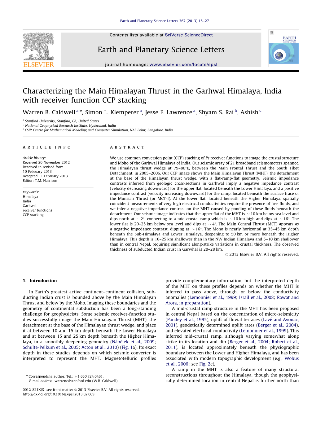 Characterizing the Main Himalayan Thrust in the Garhwal Himalaya, India with Receiver Function CCP Stacking