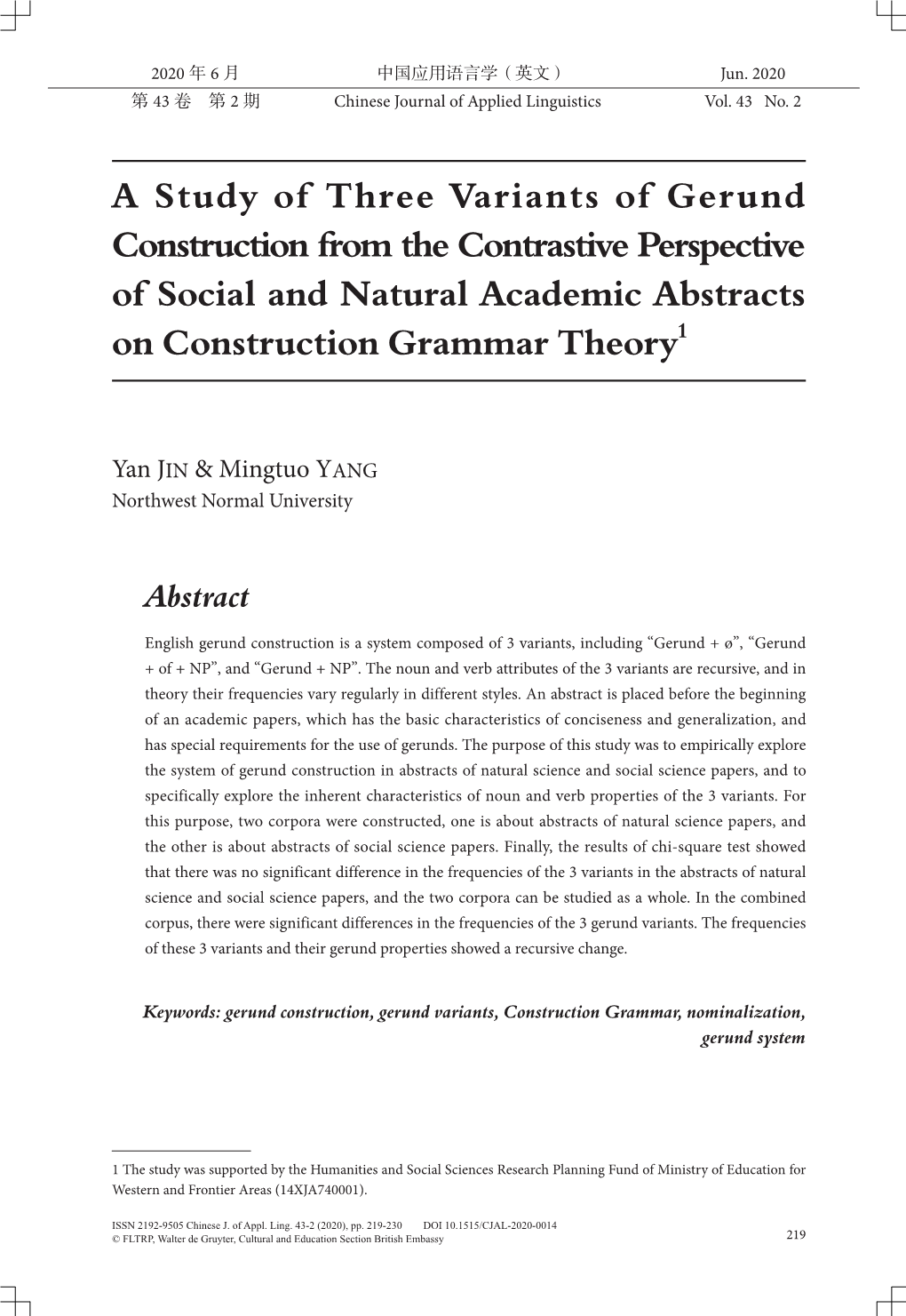 A Study of Three Variants of Gerund Construction from the Contrastive Perspective of Social and Natural Academic Abstracts on Construction Grammar Theory1