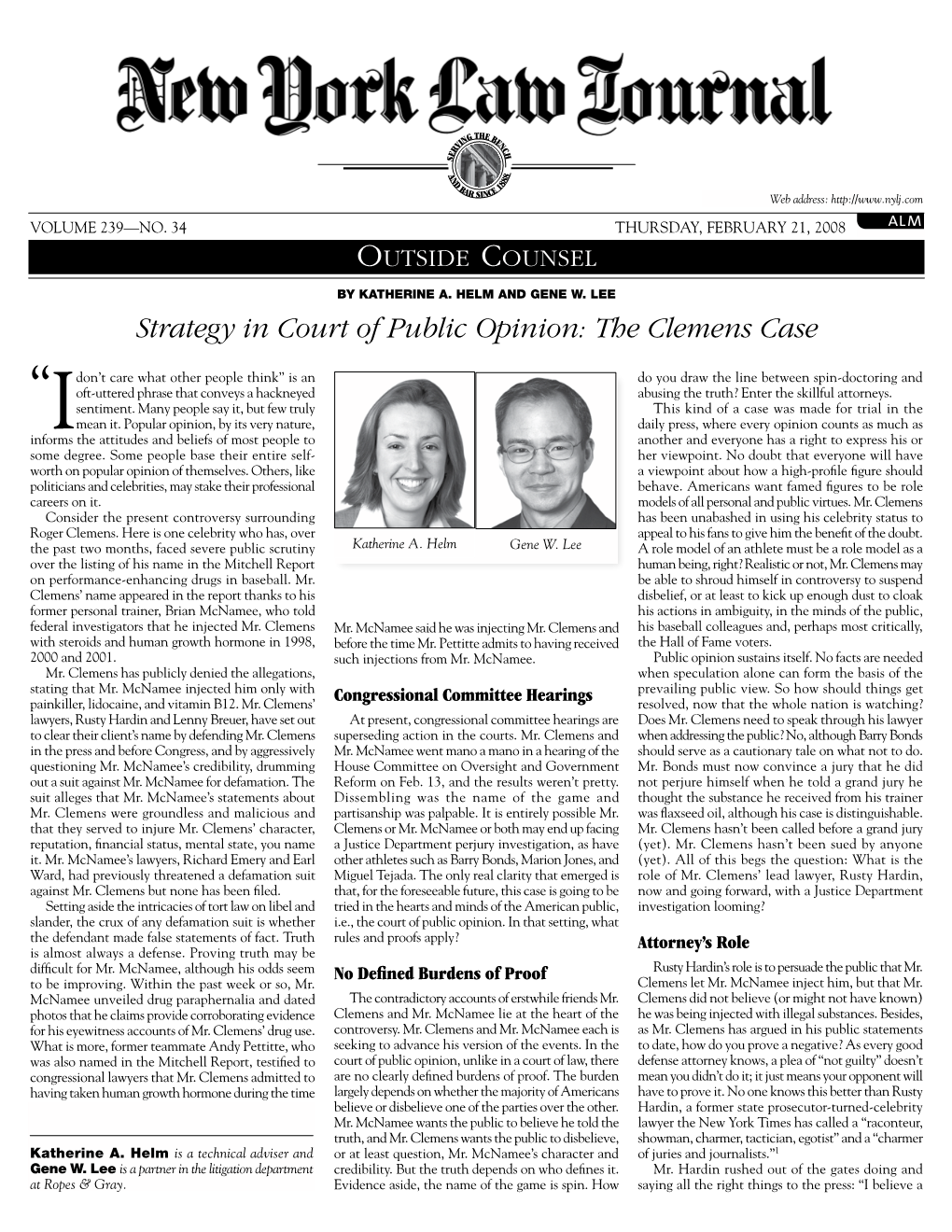 Strategy in Court of Public Opinion: the Clemens Case