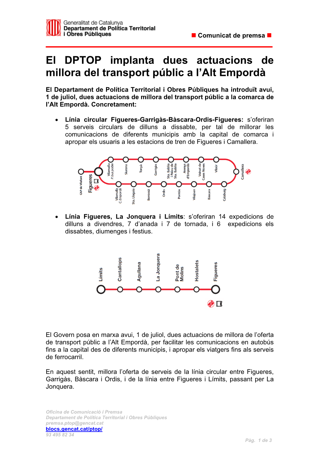 El DPTOP Implanta Dues Actuacions De Millora Del Transport Públic a L'alt