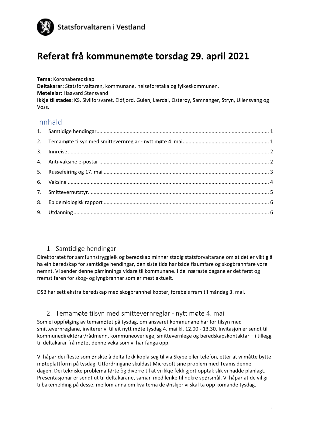 Referat Frå Kommunemøte Torsdag 29. April 2021