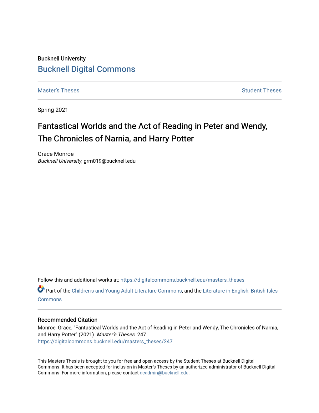 Fantastical Worlds and the Act of Reading in Peter and Wendy, the Chronicles of Narnia, and Harry Potter