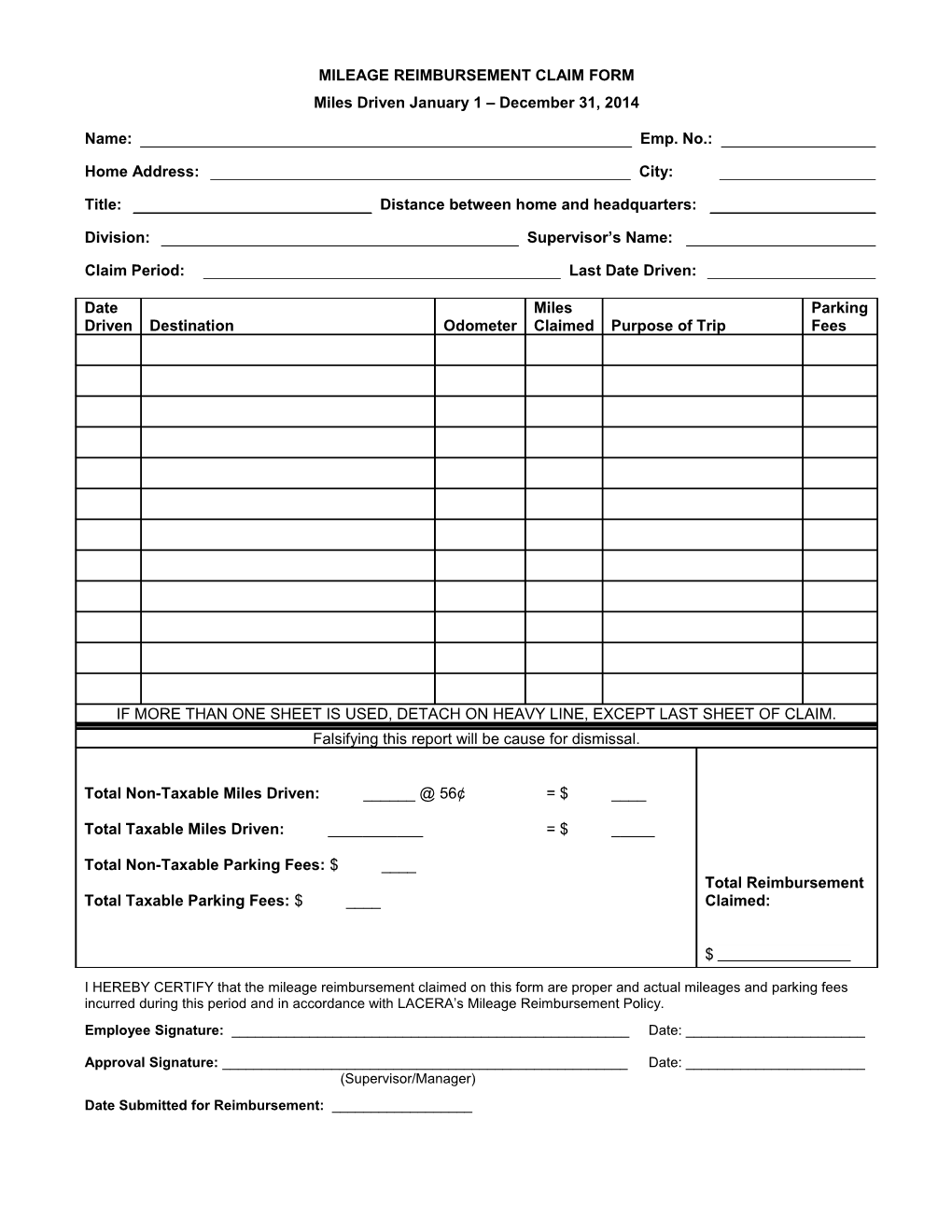 2014 Mileage Reimbursement Claim Form