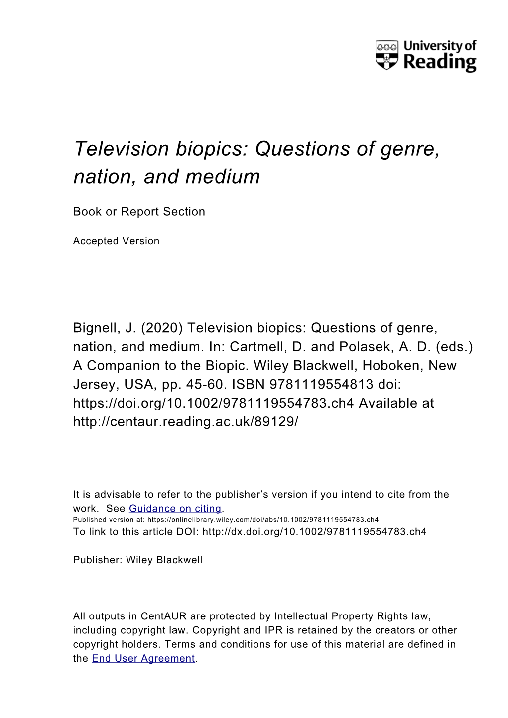 Television Biopics: Questions of Genre, Nation, and Medium