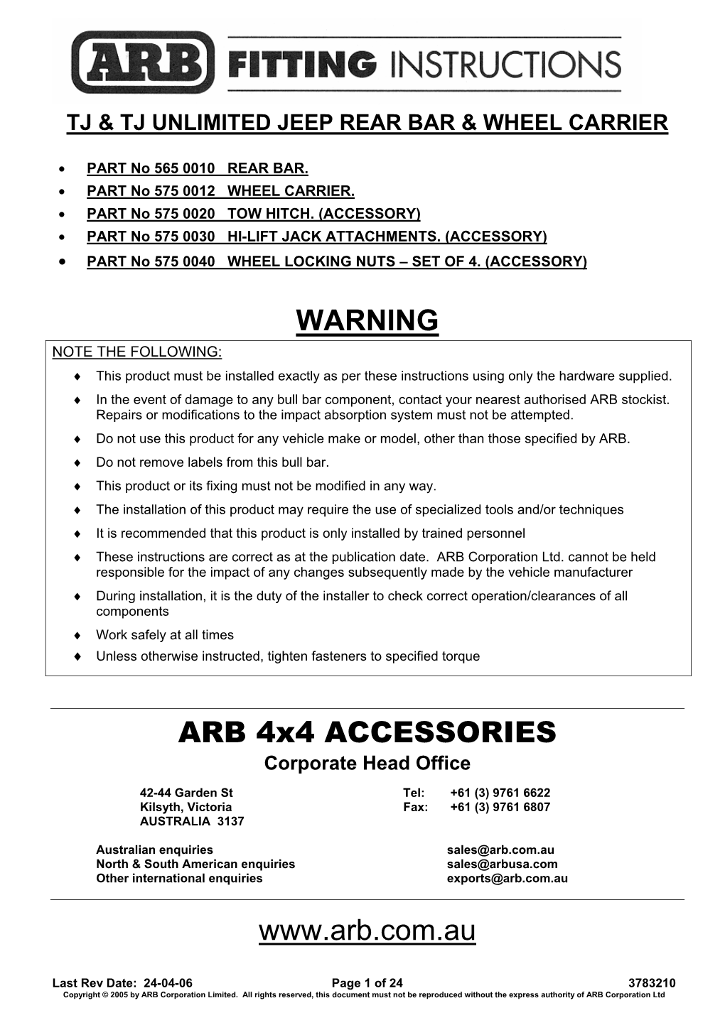 WARNING ARB 4X4 ACCESSORIES