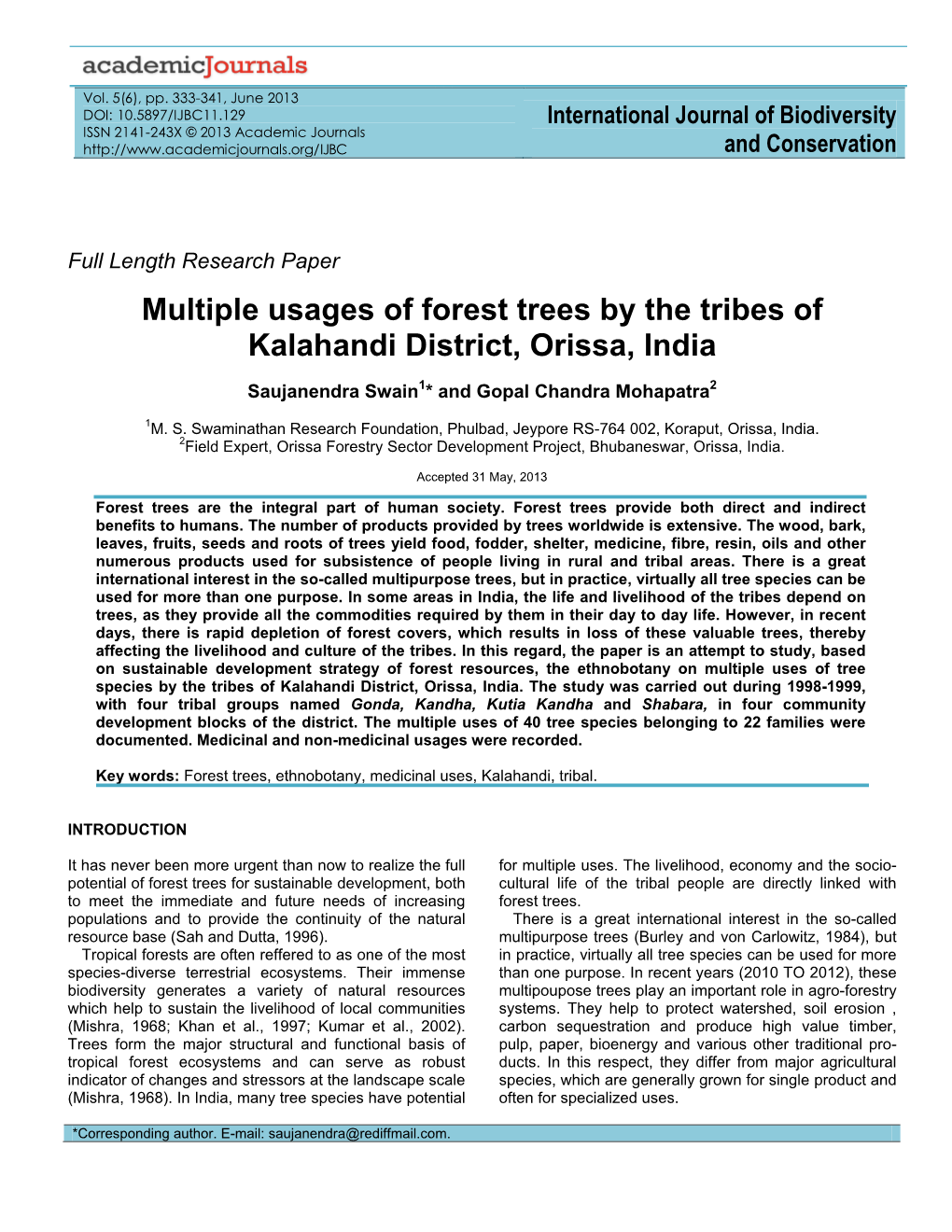 Multiple Usages of Forest Trees by the Tribes of Kalahandi District, Orissa, India