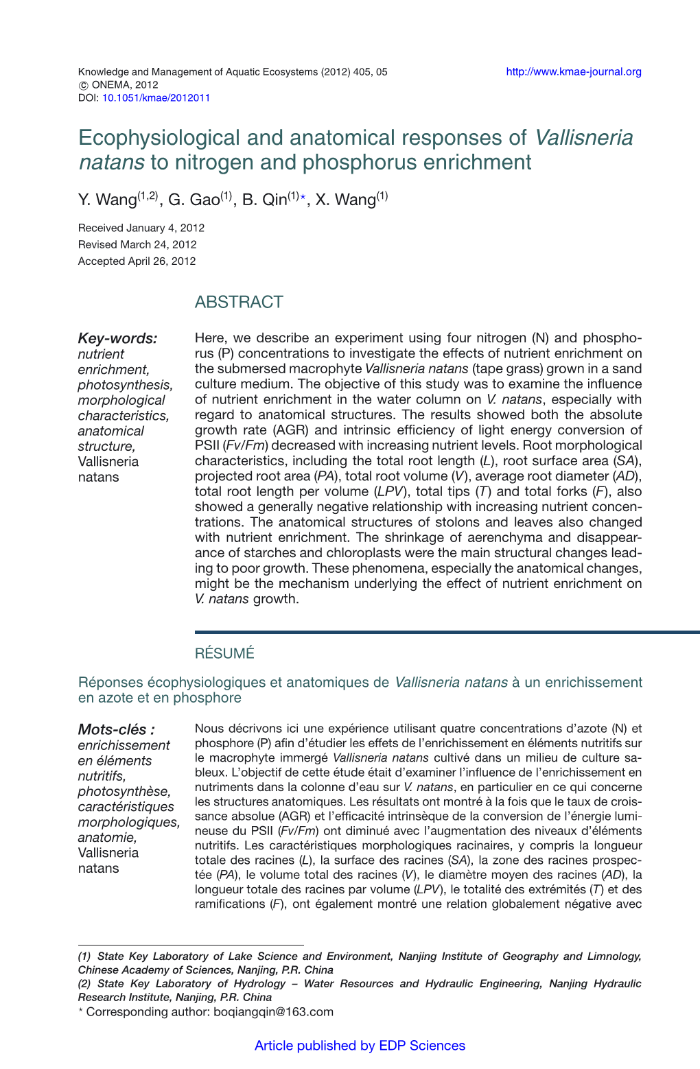 Ecophysiological and Anatomical Responses of Vallisneria Natans to Nitrogen and Phosphorus Enrichment