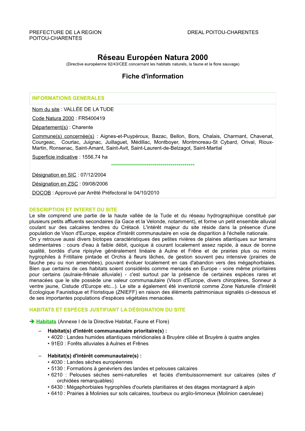 Réseau Européen Natura 2000 (Directive Européenne 92/43/CEE Concernant Les Habitats Naturels, La Faune Et La Flore Sauvage)