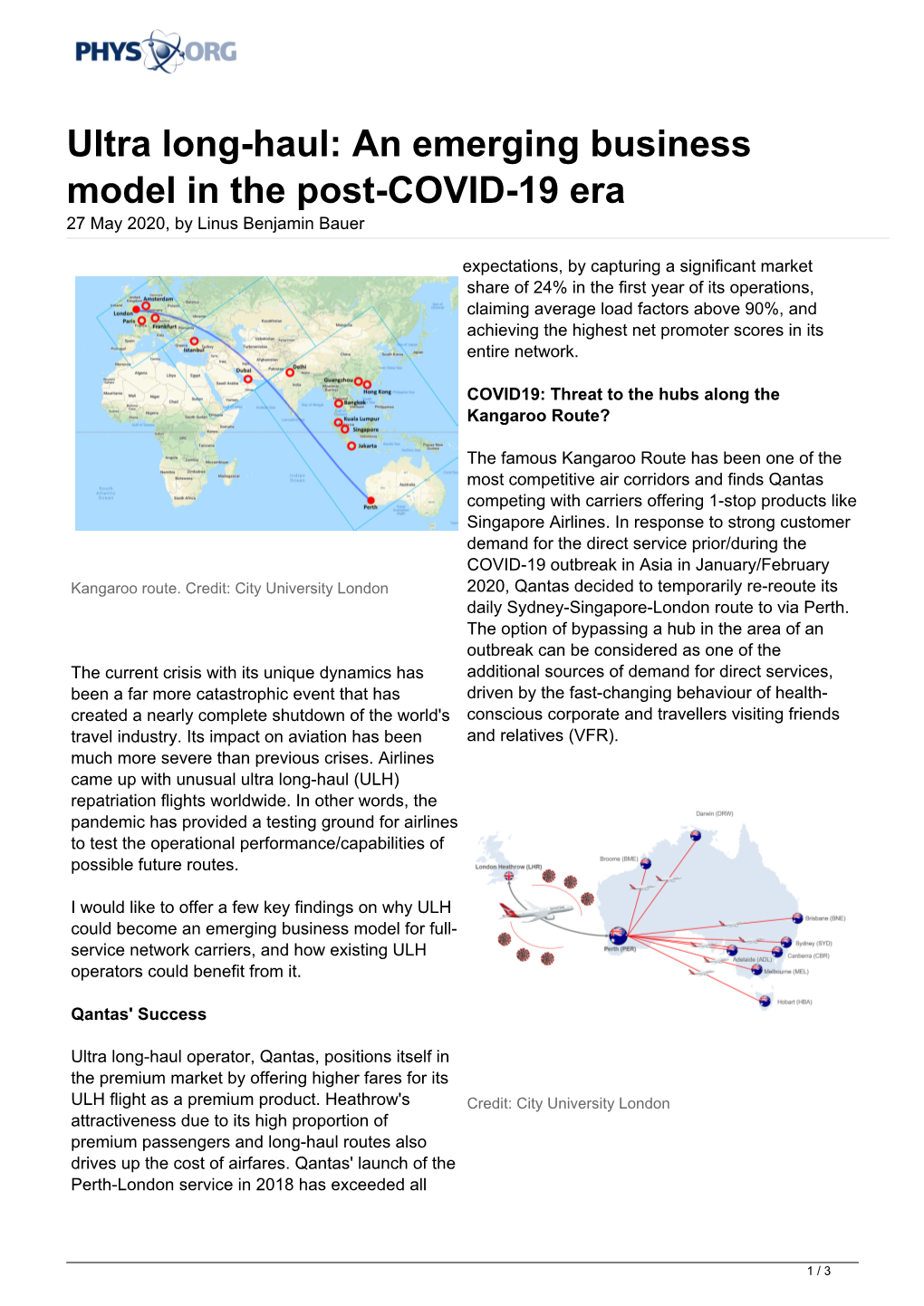 Ultra Long-Haul: an Emerging Business Model in the Post-COVID-19 Era 27 May 2020, by Linus Benjamin Bauer