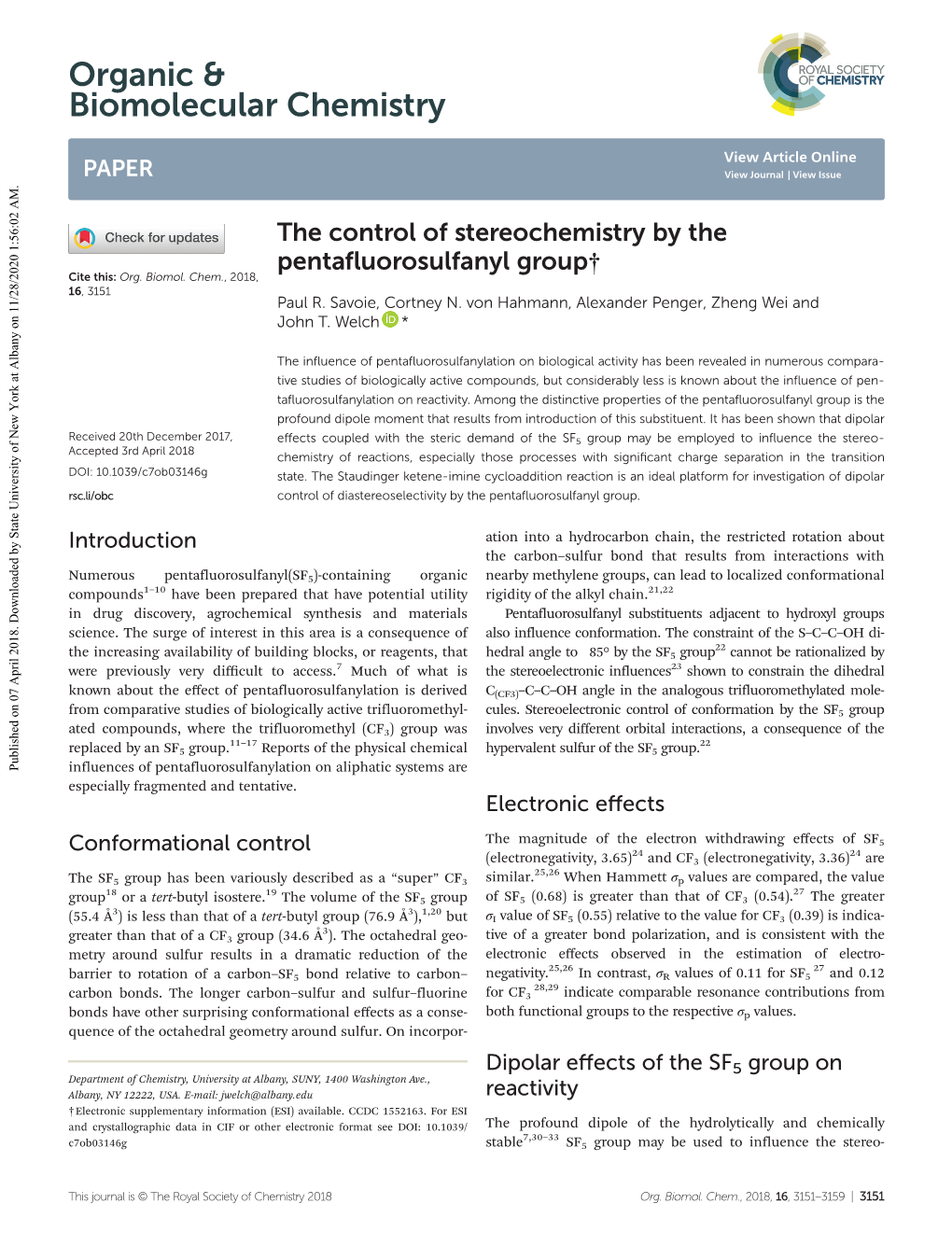 The Control of Stereochemistry by the Pentafluorosulfanyl Group