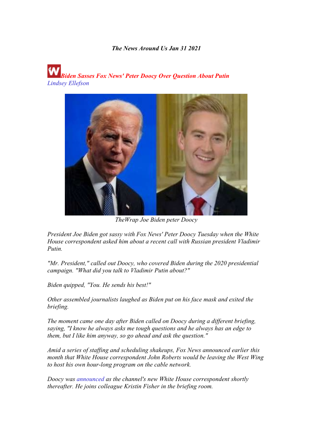 The News Around Us Jan 31 2021 Biden Sasses Fox News' Peter Doocy Over Question About Putin Lindsey Ellefson Thewrap Joe Biden P