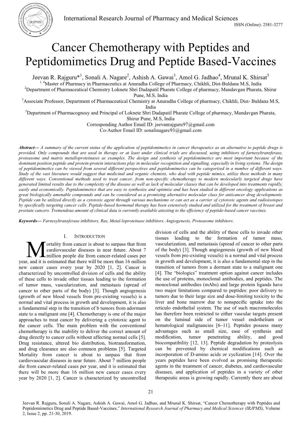 Cancer Chemotherapy with Peptides and Peptidomimetics Drug and Peptide Based-Vaccines