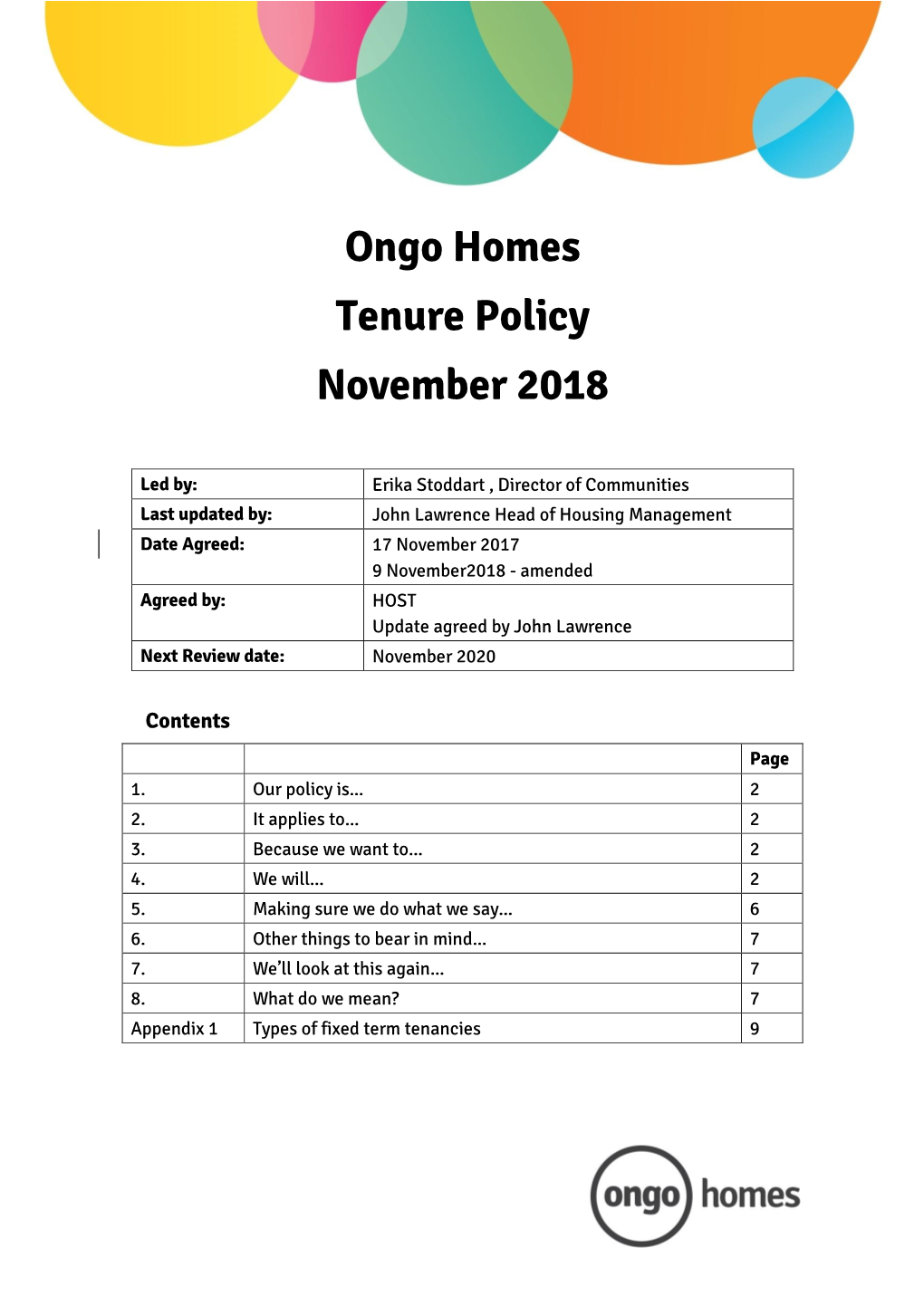 Ongo Homes Tenure Policy November 2018