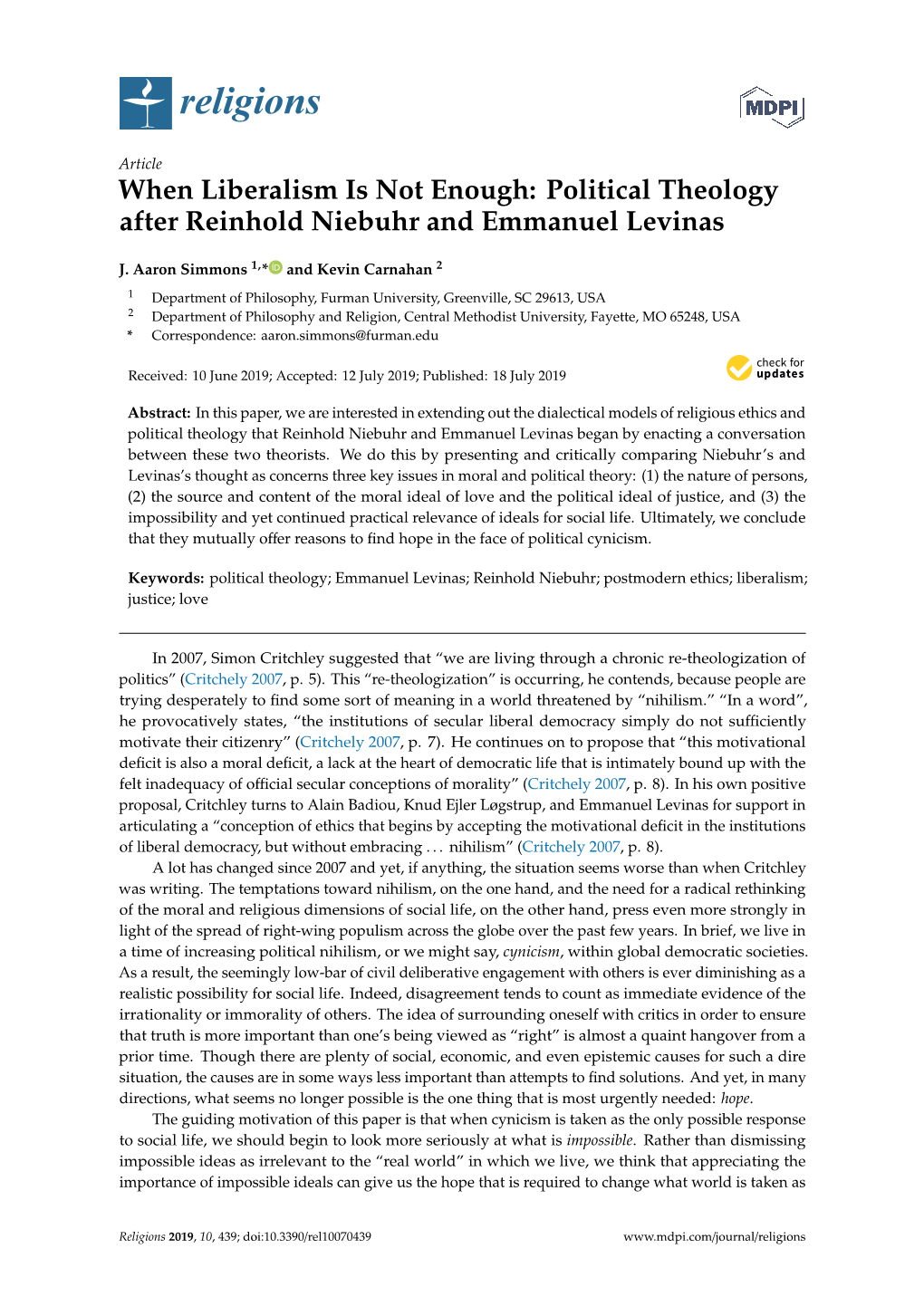 Political Theology After Reinhold Niebuhr and Emmanuel Levinas