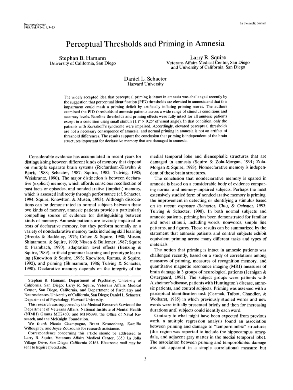 Perceptual Thresholds and Priming in Amnesia