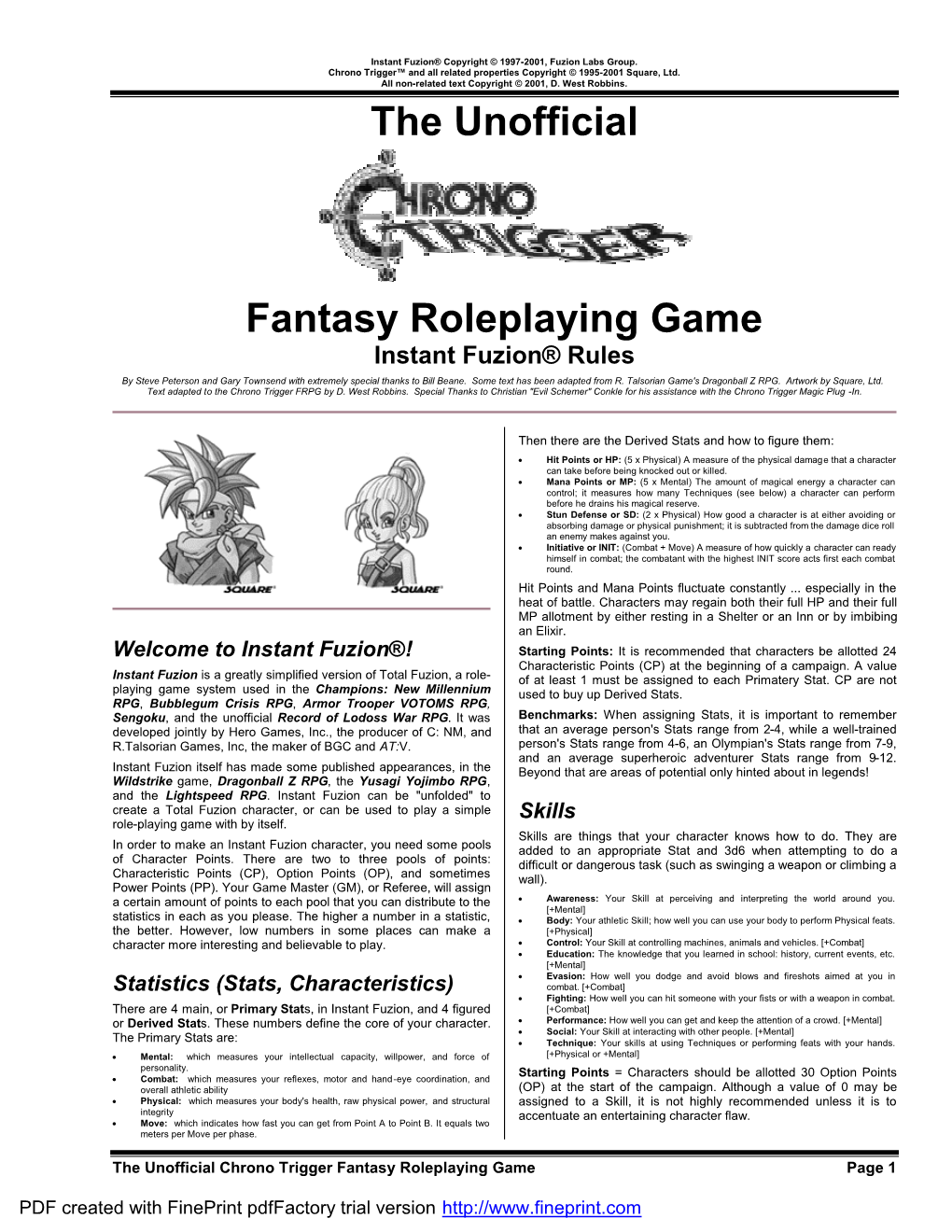 The Unofficial Fantasy Roleplaying Game Instant Fuzion® Rules