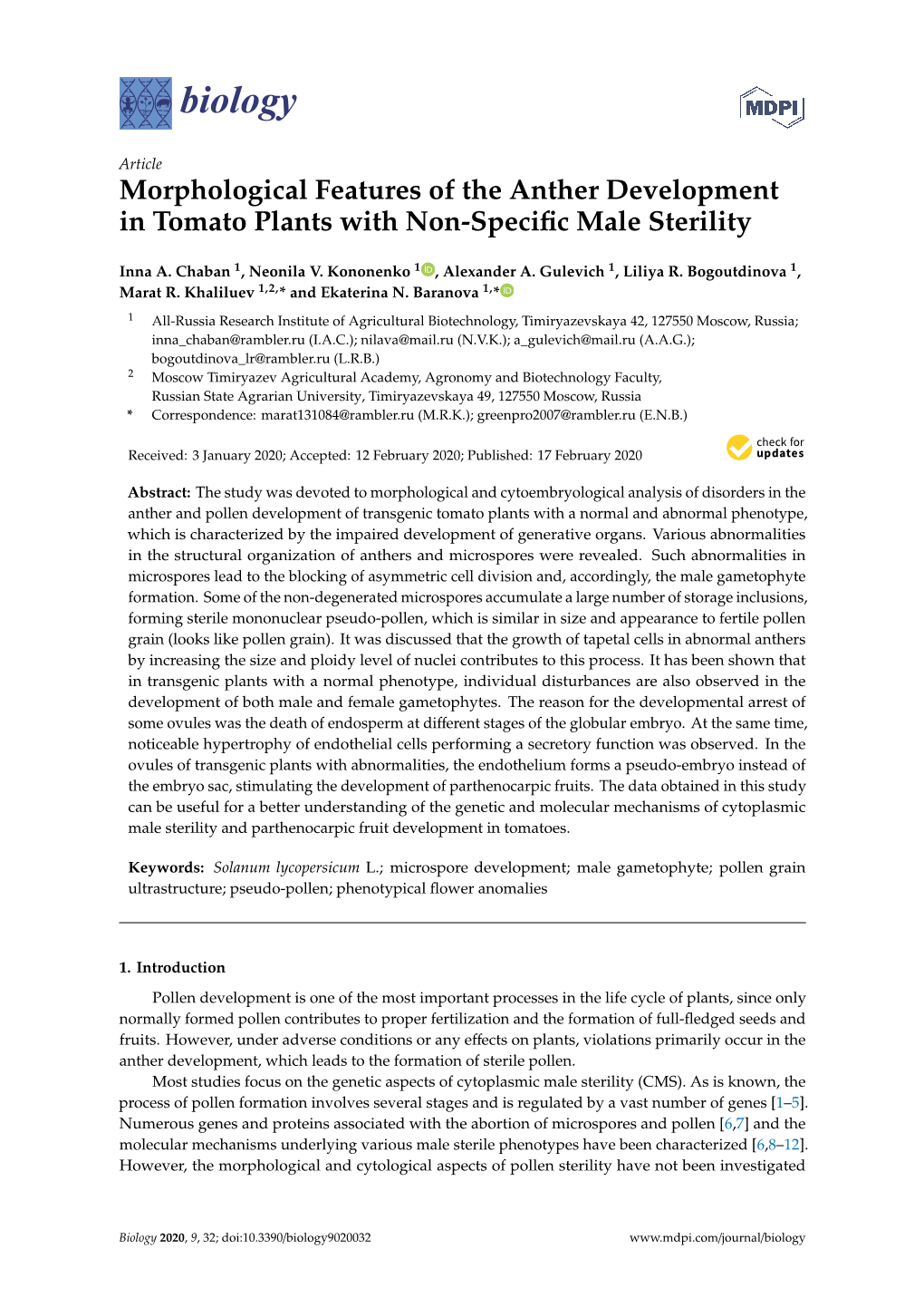 Morphological Features of the Anther Development in Tomato Plants with Non-Speciﬁc Male Sterility