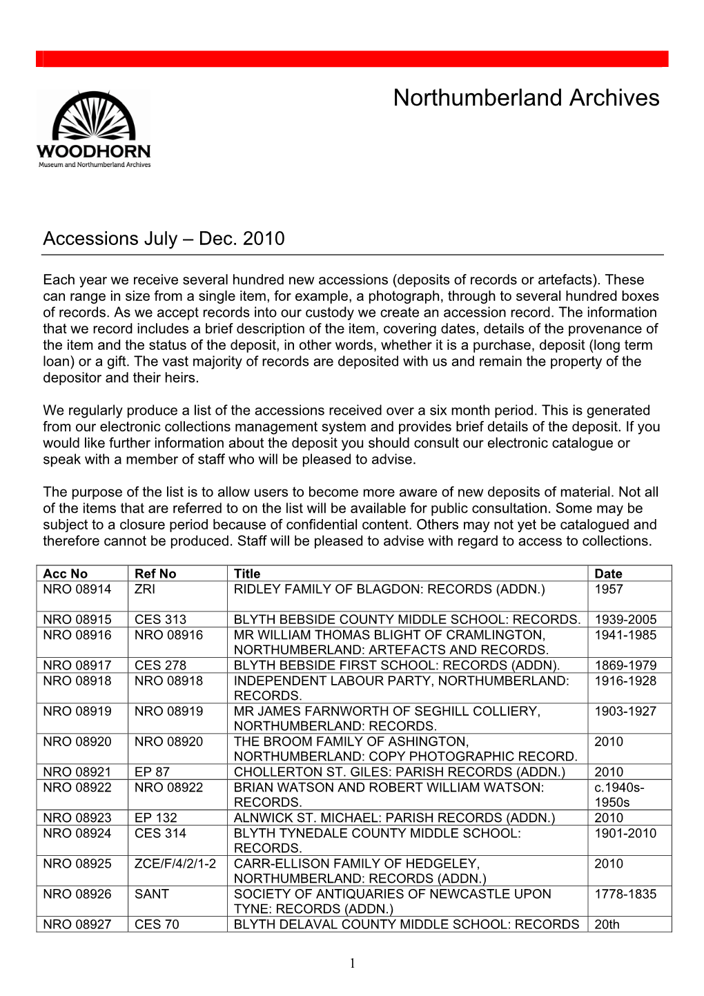 Accessions July – Dec. 2010