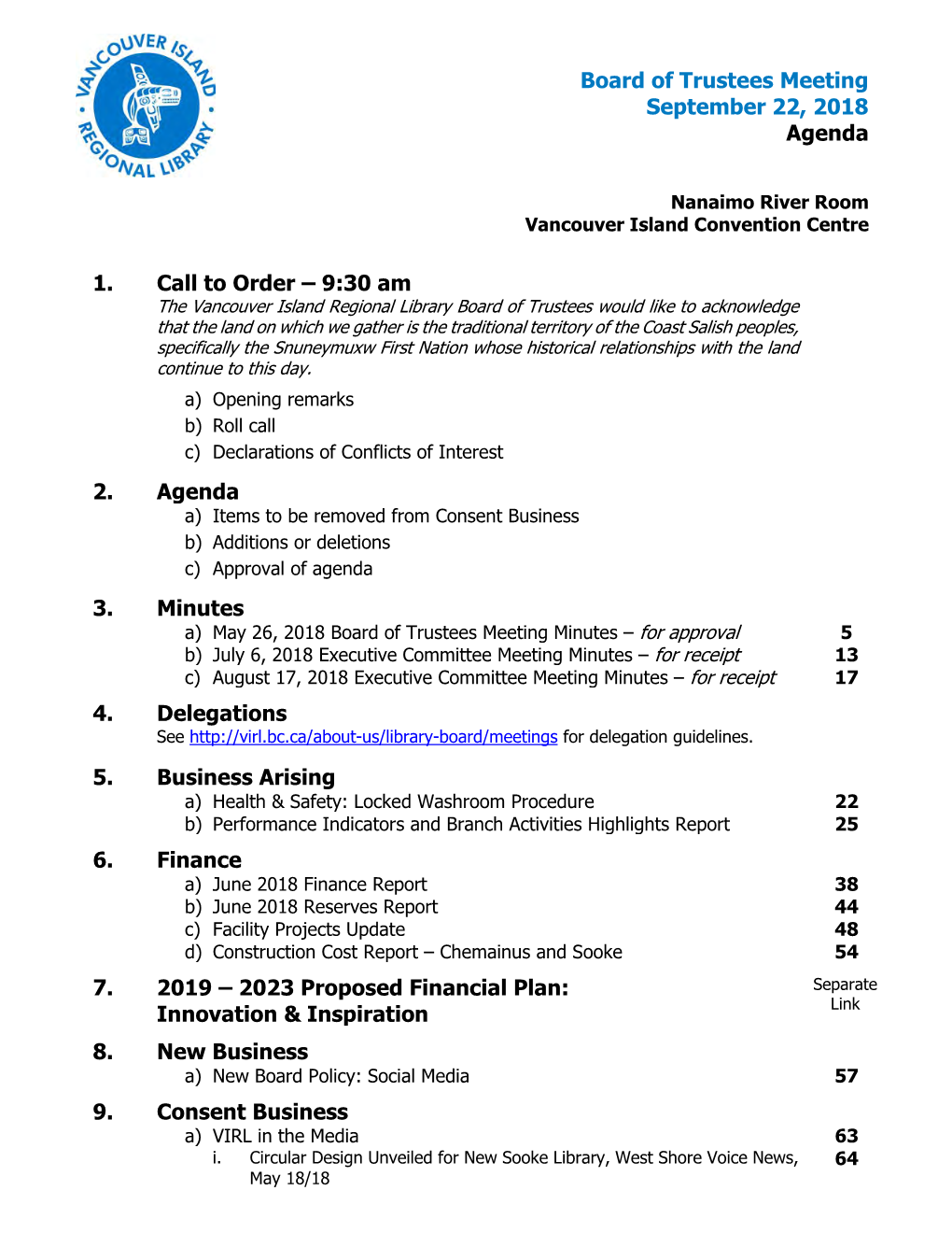 Board of Trustees Meeting September 22, 2018 Agenda 1. Call to Order