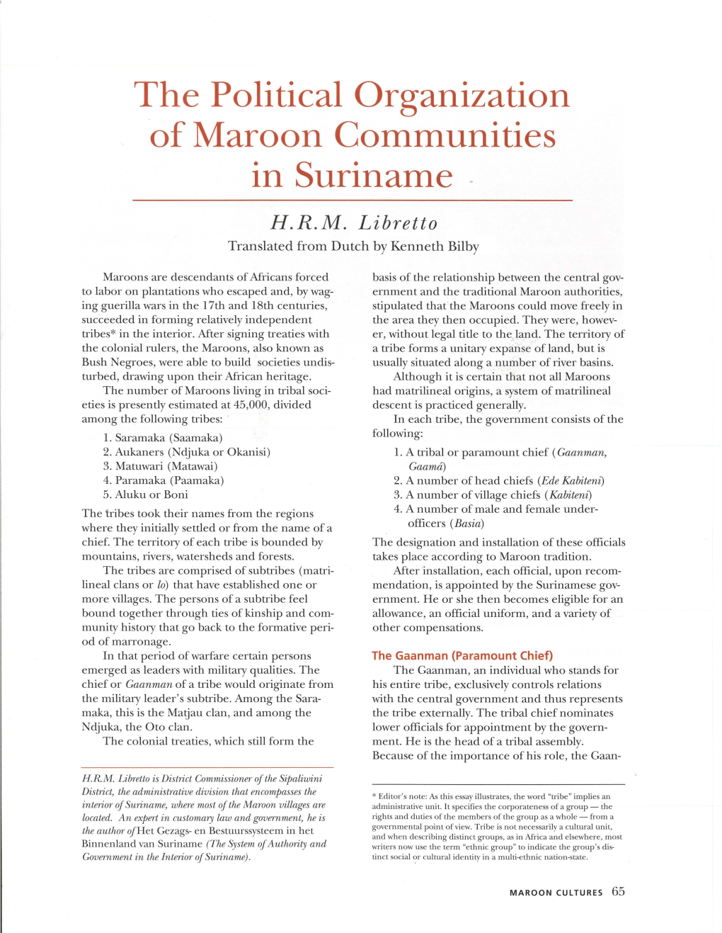 The Political Organization of Maroon Communities in Suriname H.R.M