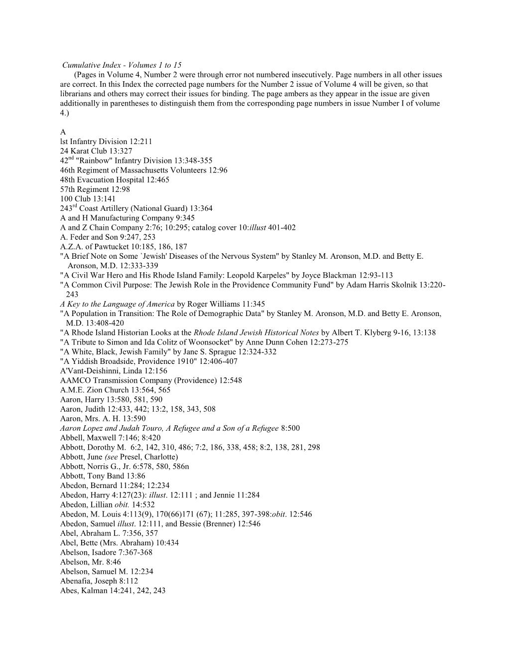 Cumulative Index - Volumes 1 to 15 (Pages in Volume 4, Number 2 Were Through Error Not Numbered Insecutively