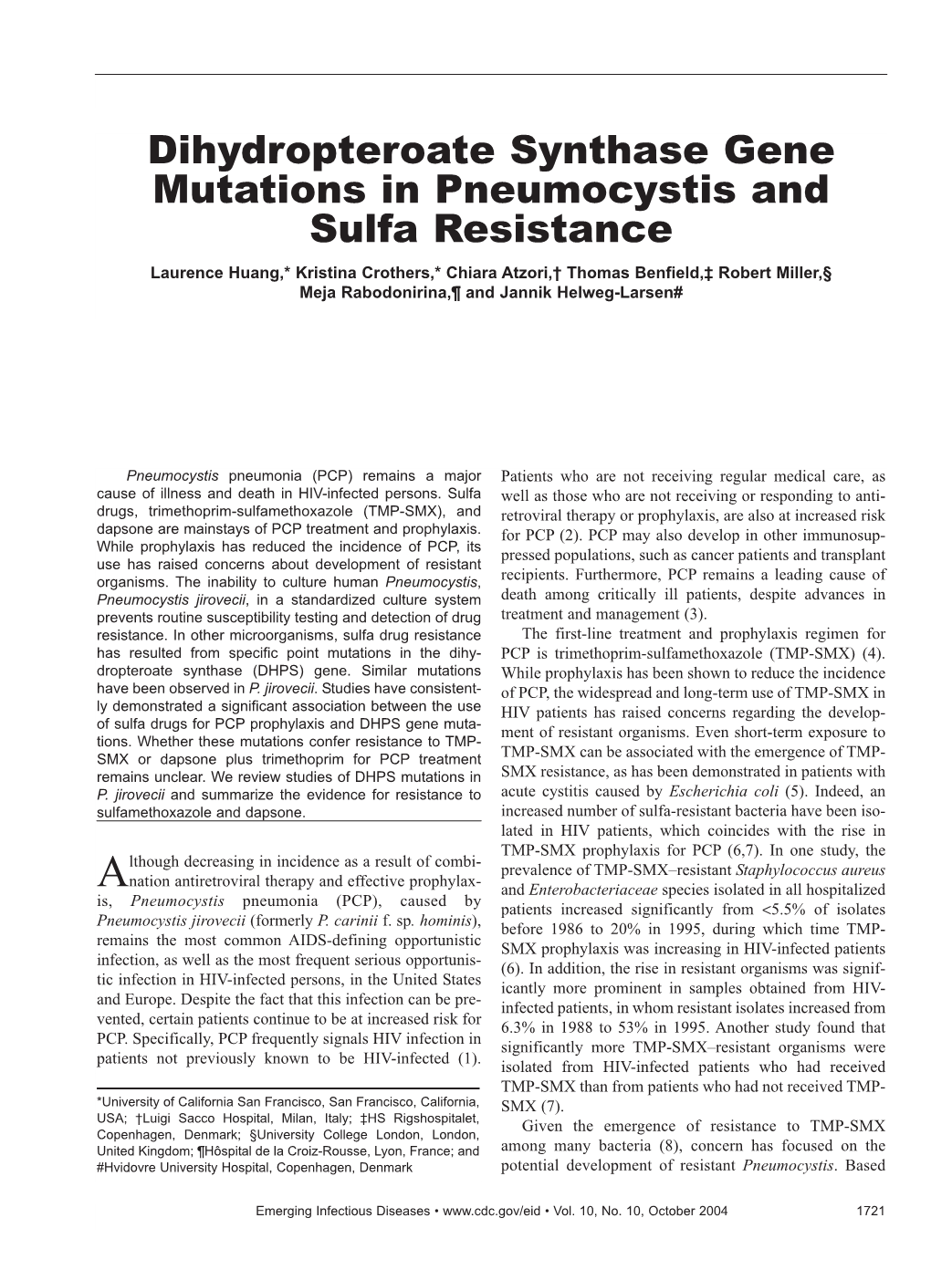 Dihydropteroate Synthase Gene Mutations in Pneumocystis