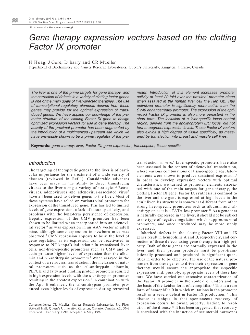 Gene Therapy Expression Vectors Based on the Clotting Factor IX Promoter