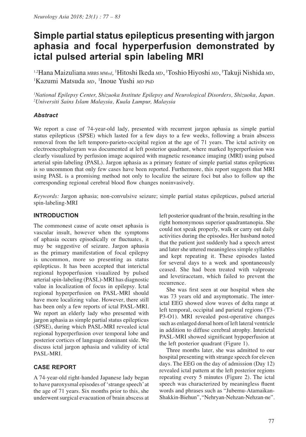 Simple Partial Status Epilepticus Presenting with Jargon Aphasia and Focal Hyperperfusion Demonstrated by Ictal Pulsed Arterial Spin Labeling MRI