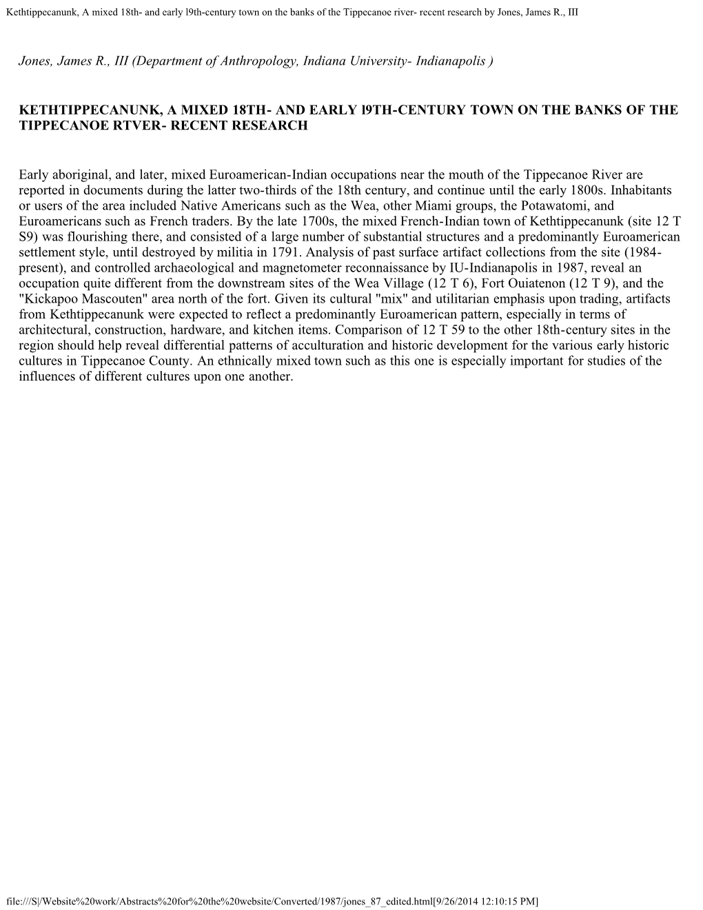 Kethtippecanunk, a Mixed 18Th- and Early L9th-Century Town on the Banks of the Tippecanoe River- Recent Research by Jones, James R., III